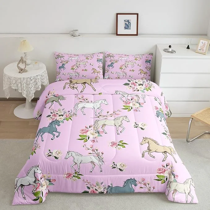 Premium Material Erosebridal Horse Comforter Set Queen Rose Bedding Set for Girls Boys Kids Teens Western Cowboy Cowgirls Wild Animal Floral Down Comforter Cute Horses Flower Duvet Insert Lightweight Pink Effective