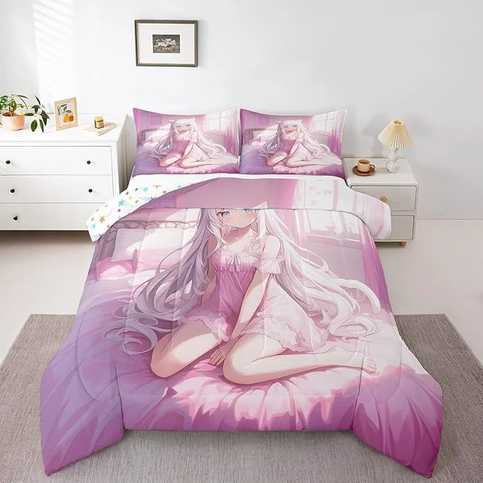 High-End Erosebridal Toddler Size Japanese Anime Comforter Set for Kids Anime Girl Bedding Set Kawaii Japanese Style Quilt Cartoon Japan Animation Duvet Insert for Boys Teens Adult Women Bedroom Pink Casual