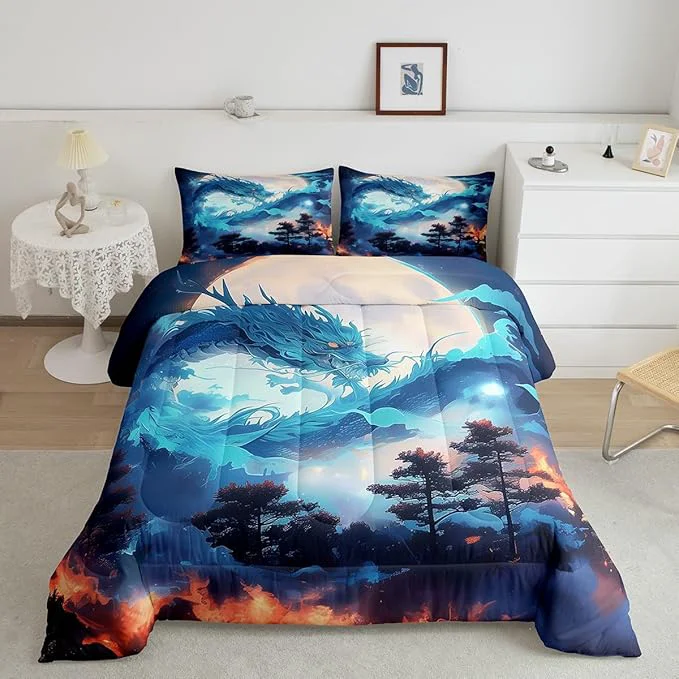 Eco-Friendly Blue Dragon Comforter Set Full Size Jungle Animals Western al Bedding Set Kids Boys Girls Room Decor Exotic Trippy Wildlife Style Quilt Set Volcano Moon Starry Sky Duvet Insert 2 Pillowcases Proven