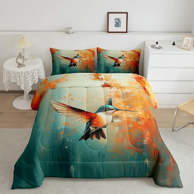 Solid Feelyou Hummingbird Comforter Set Full Size Tropical Birds Comforter Hummingbird Flowers Bedding Set Blossoming Iris Flowers Duvet Set Room Decor Teal Quilt Set Durable