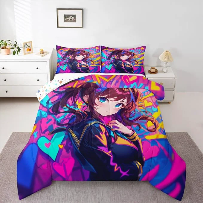 Official Erosebridal Anime Girl Full Comforter Set Japanese Anime Bedding Set for Kids Girls Teens Adult Bedroom Cartoon Girl Bedding Comforter Sets Kawaii Japanese Animation Quilt 3 Piece Purple Elite