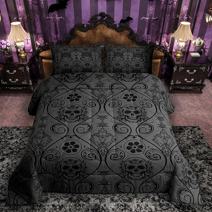 Powerful Feelyou Adults Black Vintage Damask Floral Comforter Set Oriental Antique Comforter Twin Size Exotic Sugar Skull Rose Bedding Set Gothic Bohemia Boho Duvet Set Quilt Set 2Pcs Relaxed