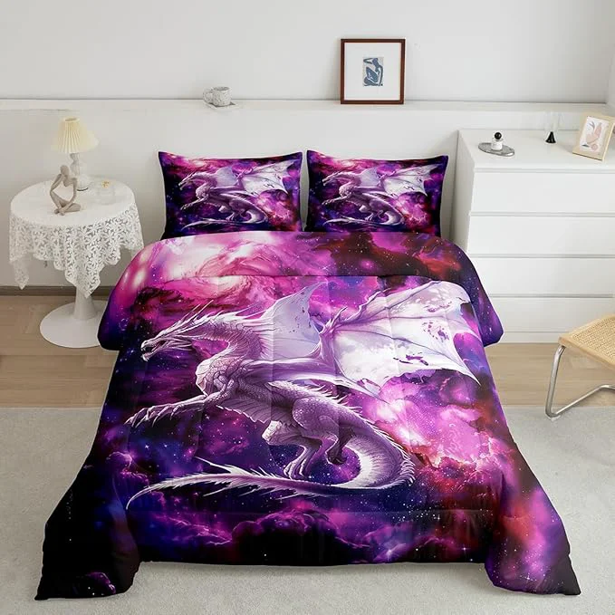 Proven Flying Dragon Comforter Set Queen Size Galaxy Outer Space Bedding Set for Kids Boys Teens Adults Room Decor Starry Sky Western al Animal Duvet Insert 3Pcs Nebula Glitter Quilt Set 2 Pillowcases Reliable