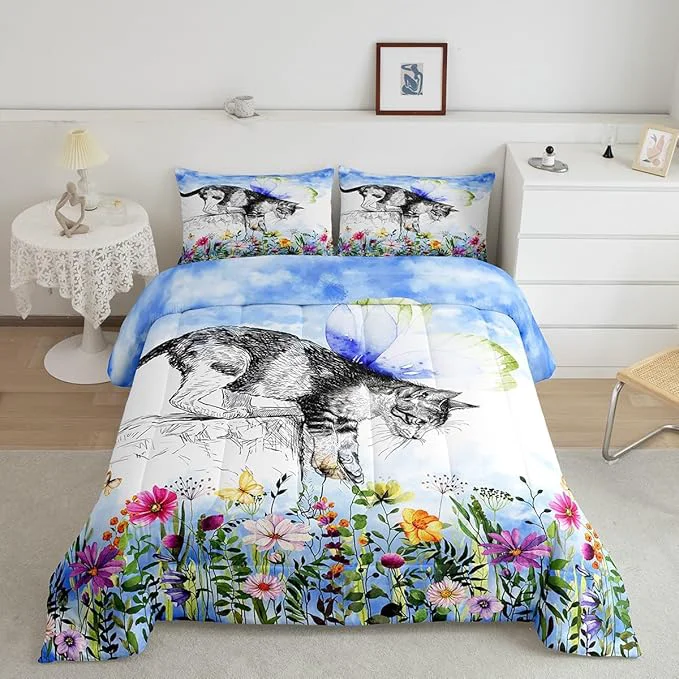 High-Performance Erosebridal Cat Comforter Colorful Flower Bedding Set Cute Pet Animal Down King Butterfly Floral Leaves Plant Duvet Black and White Kawaii Farmhouse Room Decor Blue 3Pcs Warm Soft Flexible