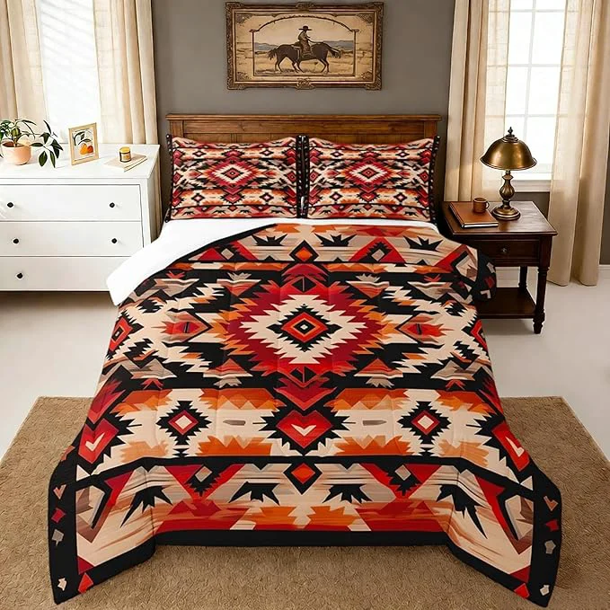 Dependable Feelyou Boho Comforter Set King Size Southwest Native American Design Comforter Southwestern Geometric Bedding Set Western Decor Duvet Set Room Decor Hot Orange Quilt Set Flexible