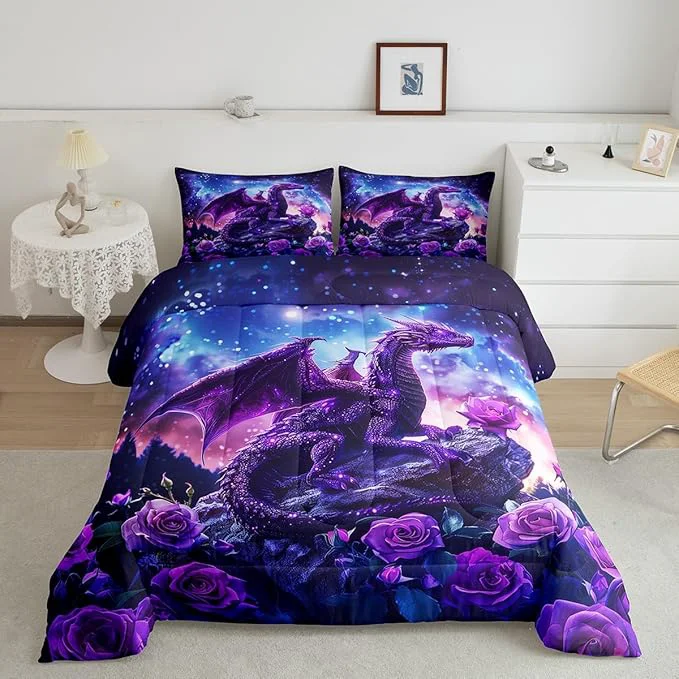 Official Blossom Flower Rose Comforter Set Twin Size Purple Dragon Bedding Set for Kids Boys Girls Room Decor Galaxy Starry Sky Nebula Duvet Insert 2Pcs Glitter Retro Wild Animal Quilt Set 1 Pillowcase Fine Crafted