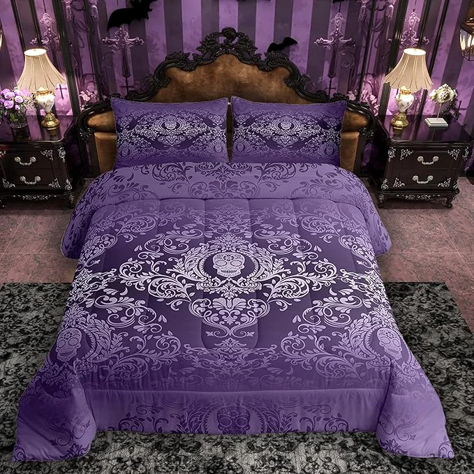 Innovative Feelyou Adults Purple Vintage Damask Floral Comforter Set Oriental Antique Comforter King Size Gothic Bohemia Boho Bedding Set Exotic Sugar Skull Duvet Set Quilt Set 3Pcs Healthy