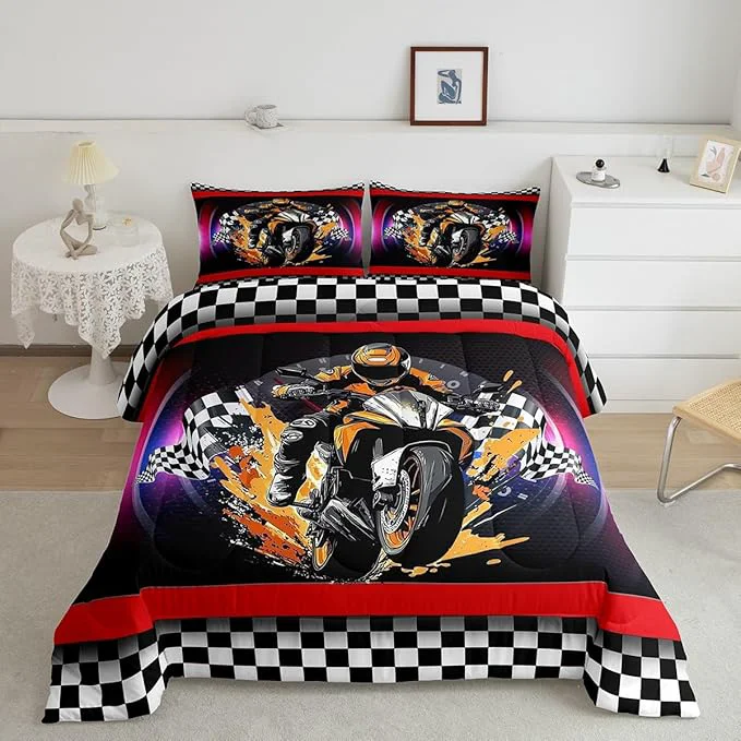 User-Friendly Feelyou Dirt Bike Comforter Set King Size Flag Comforter for Boys Girls Teens Racing Motocross Rider Bedding Set Extreme Sports Duvet Set Room Decor Black Purple Quilt Set Flexible