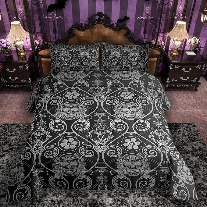 Certified Feelyou Adults Grey Vintage Damask Floral Comforter Set Oriental Antique Comforter Twin Size Exotic Sugar Skull Rose Bedding Set Gothic Bohemia Boho Duvet Set Quilt Set 2Pcs Proven