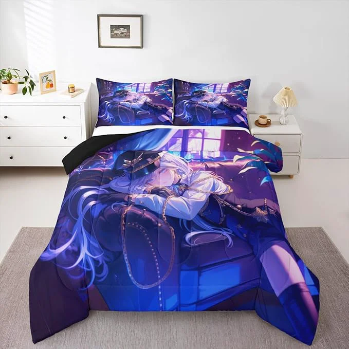 Authentic Erosebridal Anime Girl Comforter Set Queen Size Japanese Anime Bedding Set for Kids Boys Teens Women Bedroom Decor Cartoon Girl Down Comforter Japanese Animation Kawaii Quilt Purple Detailed