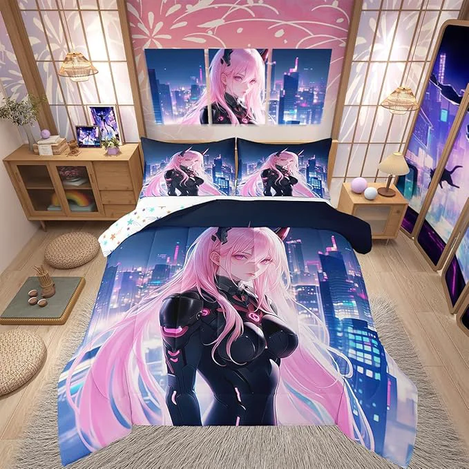 Prestigious Erosebridal Japanese Anime Comforter Set King Size Anime Girl Bedding Set Kawaii Japanese Style Quilt Cartoon Japan Animation Duvet Insert for Boys Teens Adult Women Bedroom Decor Safe