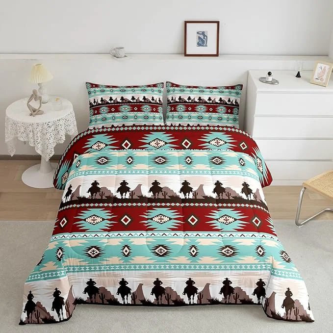 Modern Feelyou Boho Comforter Set Toddler Size Horses Comforter Southwestern Native Aztec Bedding Set Farmhouse Wildlife Duvet Set Room Decor Light Blue Quilt Set Exclusive