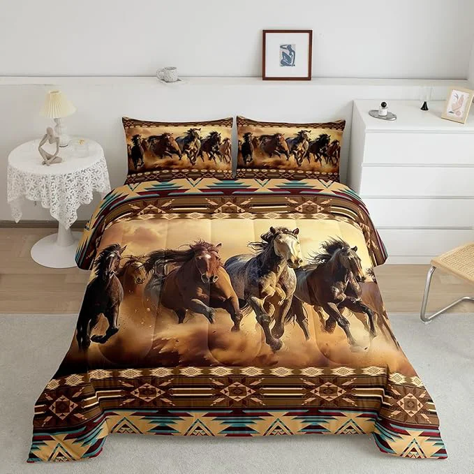 Next-Generation Feelyou Boho Comforter Set King Size Horses Comforter Southwestern Native Aztec Bedding Set Retro Exotic Boho Duvet Set Room Decor Dark Brown Quilt Set Professional