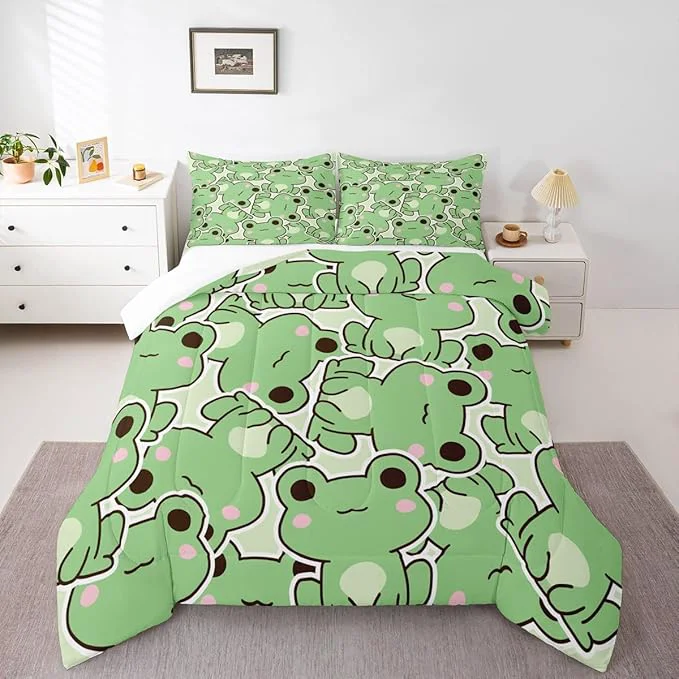 Durable Frog Comforter Set Twin Size Cartoon Frog Bedding Set For Kids Boys Girls Teens Kawaii Green Wild Animals Down Comforter Cute Wildlife Farmhouse Rustic Funny Quilt Set 1 Pillow Case Bedroom Decor Trusted