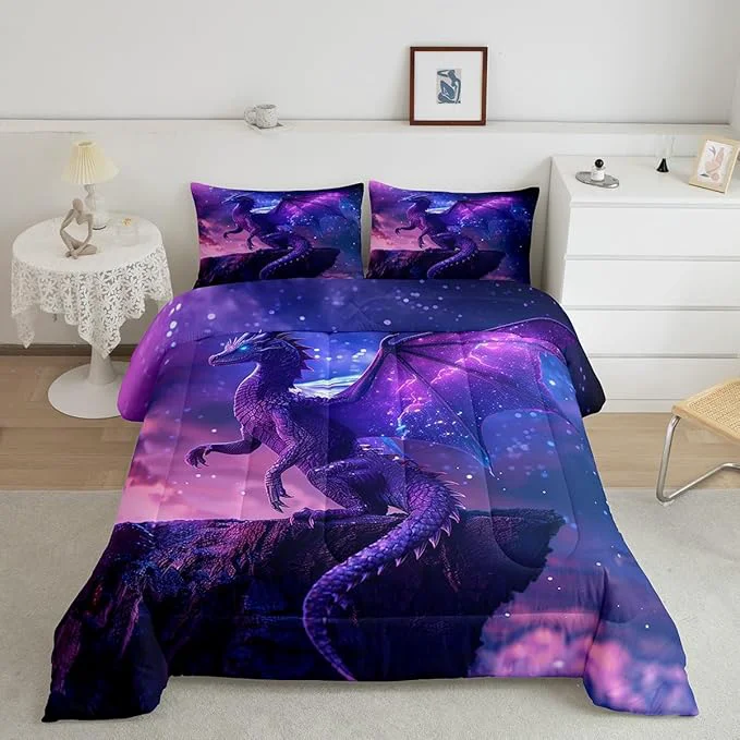 Genuine 3D Purple Dragon Comforter Set Queen Size Galaxy Nebula Starry Sky Fantasy Bedding Set for Kids Boys Girls Room Decor al Wild Animal Duvet Insert 3Pcs Modern Trippy Quilt Set 2 Pillowcases Durable