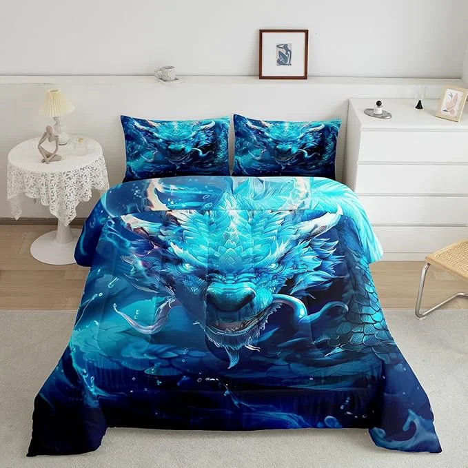 Artisan 3D Dragon Bedding Set Full Size Western al Dragon Gothic Comforter Set for Kids Boys Teens Men Room Decor Waterdrop Nature Animal Duvet Insert 3Pcs Wildlife Retro Quilt Set 2 Pillowcases Outstanding