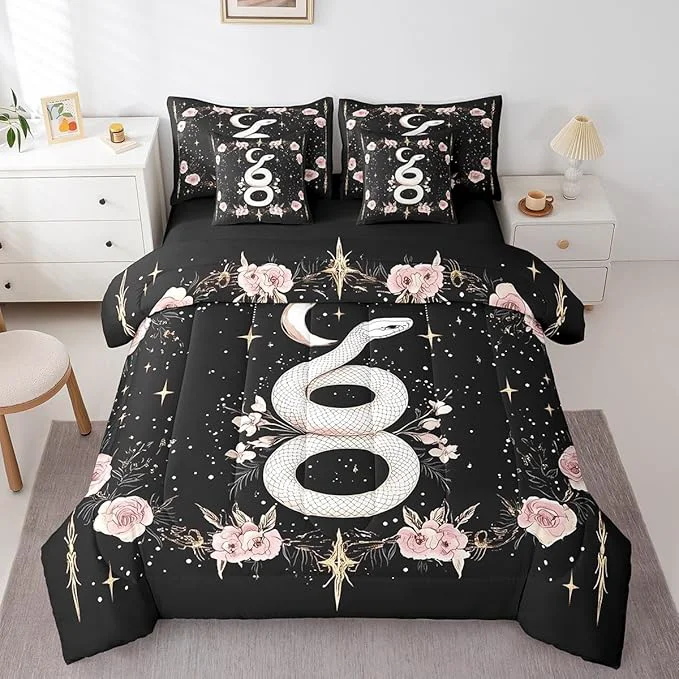 Original Design jejeloiu Boho Snake Bedding Set 7Pcs Queen Size Kids Bohemian Comforter Set with Sheets for Boys Girls Flower Floral Bed in a Bag Soft Lightweight Microfiber Solid