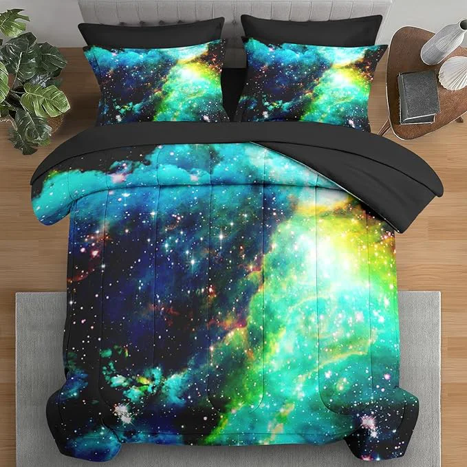 Green Comforter Set Queen Size Outer Space Star Bedding for Kids and Adults Galaxy Planets Bed Sheet Sets with Fitted Sheet 2 Pillowcases amp 2 Shams for Bedroom Bed Decor Proven