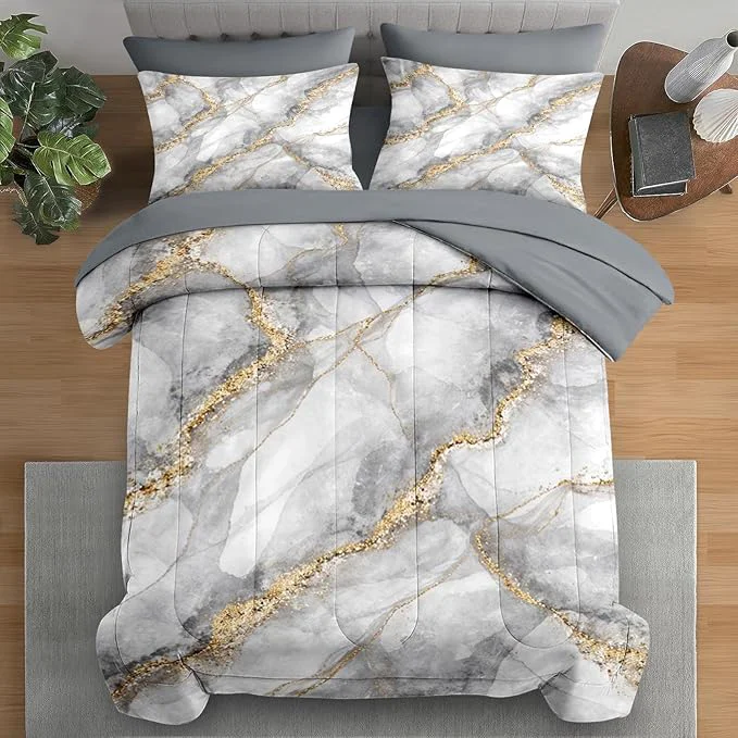 Safe Comforter Set King Size Marble Gray Gold Retro 7 Pcs Bedding for Adults Vintage Stone Bed Sheet Sets with Fitted Sheet 2 Pillowcases amp 2 Shams for Bedroom Bed Decor Unique