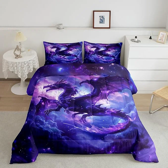 Genuine Dragon Comforter Set Twin Size al Animals Bedding Set 2Pcs Kids Girls Boys Teens Room Decor Outer Space Starry Sky Quilt Set Purple Western Wildlife Theme Duvet Insert 1 Pillowcase High-End