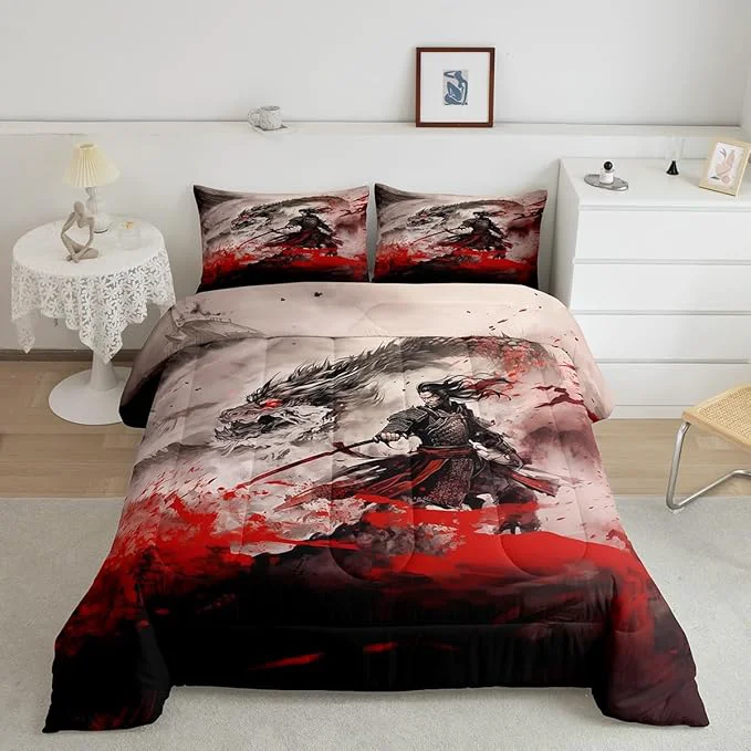 Healthy Dragon Comforter Set Queen Size Japanese Samurai Bedding Set Kids Boys Teens Men Room Decor 3D Dragon al Animals Quilt Set Western Wildlife Theme Black Red Ink Style Duvet Insert 2 Pillowcases Practical