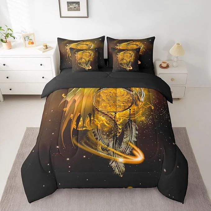 Specialty Erosebridal Gothic Dragon Dream Catchers Bed in a Bag King Size Comforter Set 7 Pieces Yellow Galaxy Bohemian Feather Bedding Sets Antique Animal Pterosaur Sheet Set with Comforter Fashionable