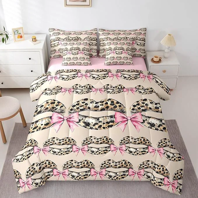 Casual jejeloiu Leopard Kiss Lips Bedding Set 7Pcs Twin Size Kids Pink Bow Comforter Set with Sheets for Boys Girls Vintage Bed in a Bag Soft Lightweight Microfiber Dependable