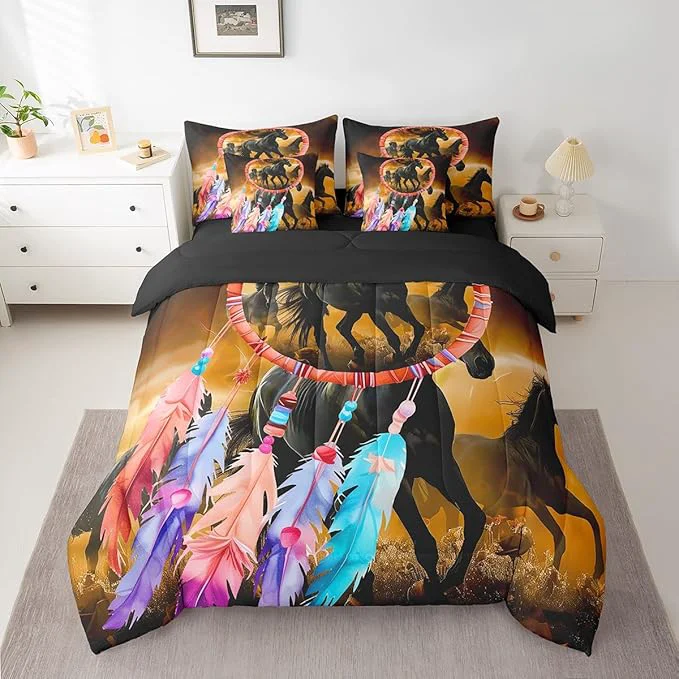 Sustainable Erosebridal Horse Comforter Set 7 Piece Bed in a Bag Twin Dream Catchers Feather Bedding Sets Western Animals Sheet Set with Comforter Convenient
