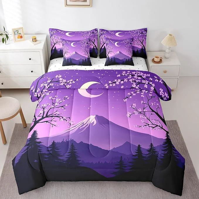 Certified jejeloiu Japanese Purple Bedding Set 7Pcs Twin Size Kids Mount Fuji Comforter Set with Sheets for Boys Girls Cherry Blossom Bed in a Bag Soft Lightweight Microfiber Green