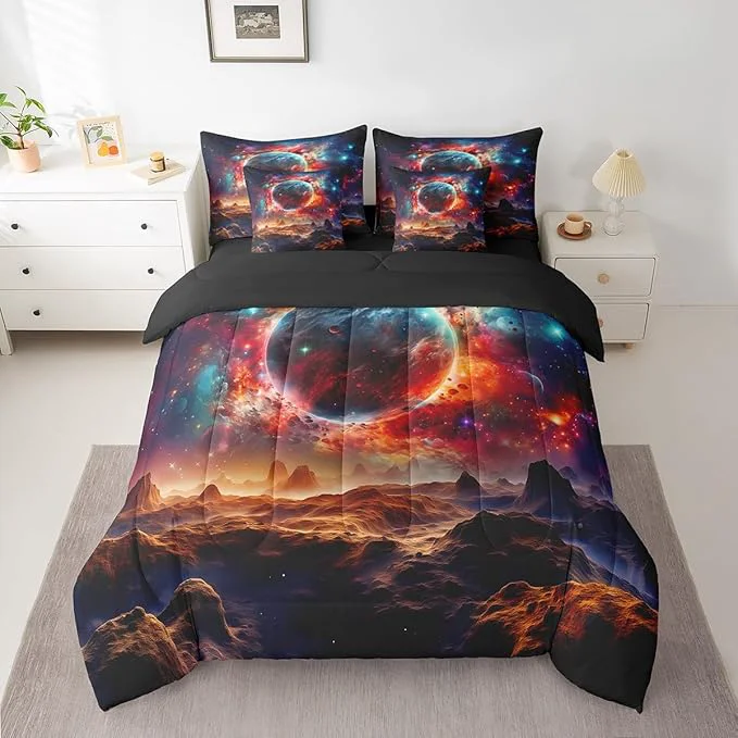Natural Erosebridal Planet Bed in a Bag King Size Comforter Set 7 Pieces Sun Moon Galaxy Bedding Sets Universe Nebula Outer Space Sheet Set with Comforter Solid