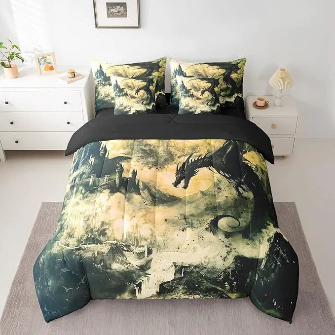Trendy Erosebridal Gothic Dragon 7 Piece Comforter Set Full Bed in a Bag Vintage Black Fantasy Castle Bedding Sets Prehistoric Antique Animal Sheet Set with Comforter Sustainable