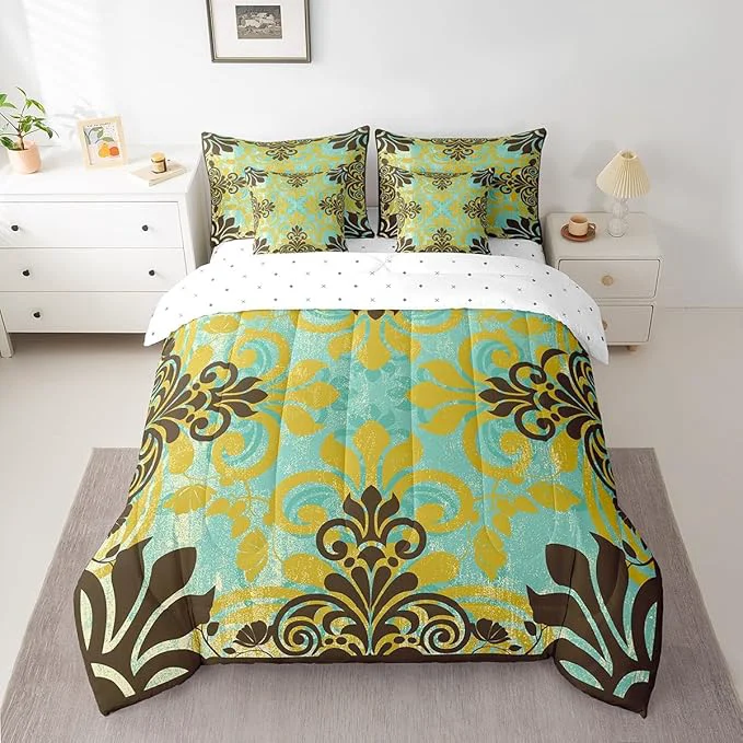 World-Class Erosebridal Bohemian Damask Bed in a Bag Queen Comforter Set 7 Piece Exotic Flowers Bedding Sets Antique Victorian Gothic Vintage Floral Sheet Set with Comforter Elegant