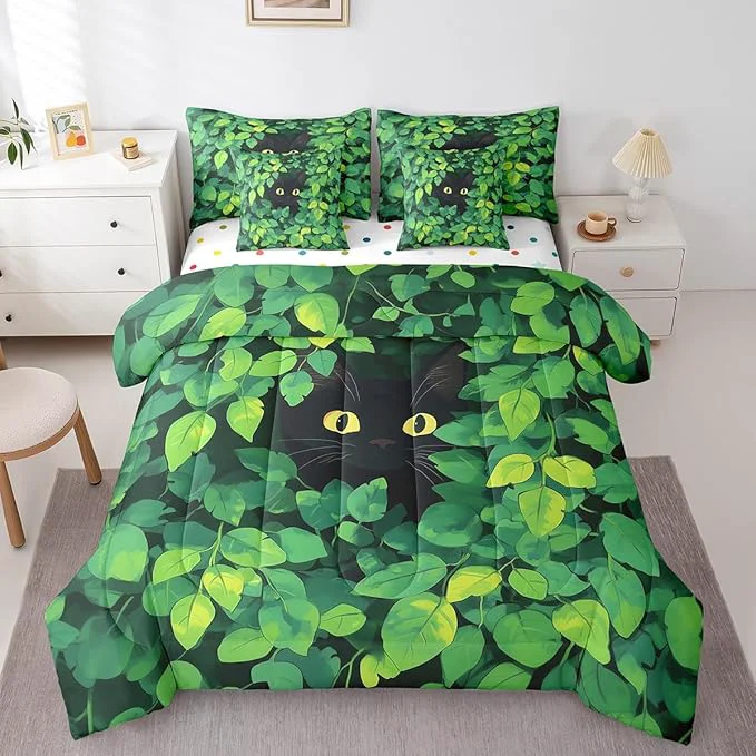 Certified jejeloiu Cute Cat Bedding Set 7Pcs King Size Kids Kawaii Kitten Comforter Set with Sheets for Boys Girls Green Plant Bed in a Bag Soft Lightweight Microfiber