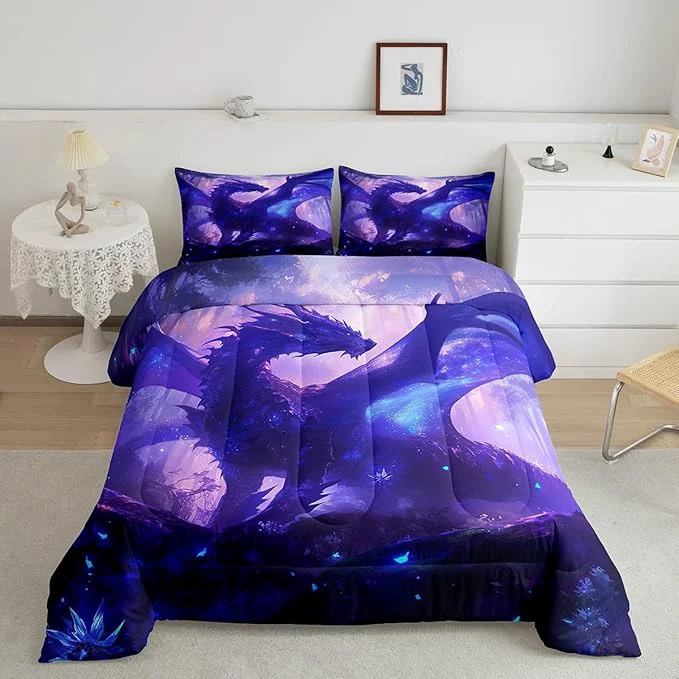 Fine Feelyou Dragon Comforter Set King Size Jungle Dragon Comforter for Boys Girls Teens Western Dragon Bedding Set Wild Animal Duvet Set Room Decor Purple Quilt Set Sophisticated