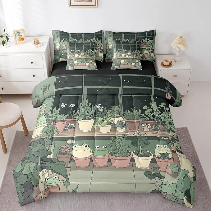 Recyclable jejeloiu Cute Frog Bedding Set 7Pcs Twin Size Kids Cartoon Comforter Set with Sheets for Boys Girls Plant Bed in a Bag Soft Lightweight Microfiber Elite