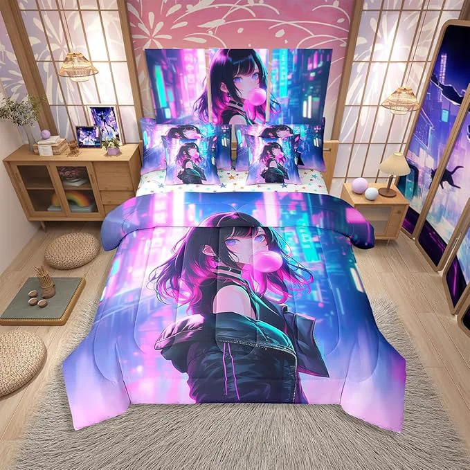Elite Erosebridal 7 Piece Anime Girl Comforter Set with Sheet Twin Size Kawaii Japanese Anime Bedding Set for Kids Boys Teens Adult Women Cartoon Girl Bed in a Bag Japan Animation Bedroom Decor Pure