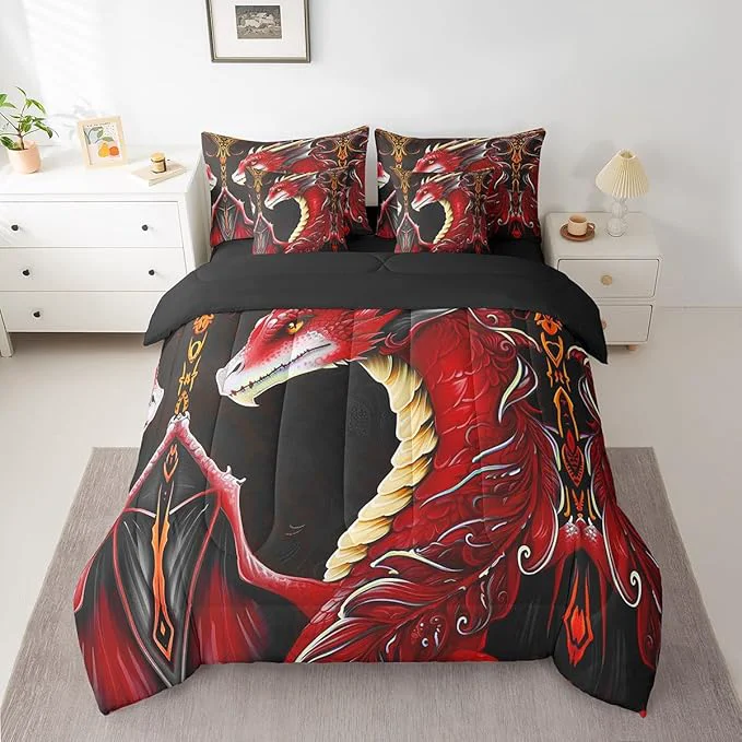 Official Erosebridal 3D Dragon Comforter Set 7 Piece Bed in a Bag Twin Vintage Gothic Red Dragon Bedding Sets Antique Wildlife Mythical Animal Sheet Set with Comforter Functional