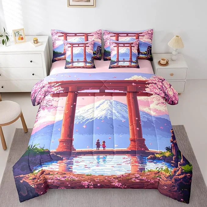 Top-Quality jejeloiu Pink Japan Bedding Set 7Pcs Queen Size Kids Anime Mount Fuji Comforter Set with Sheets for Boys Girls Pixel Bed in a Bag Soft Lightweight Microfiber Expertly Made