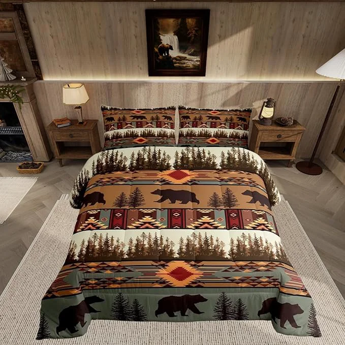 Environmentally Friendly Feelyou Boho Comforter Set Full Size Bear Comforter for Boys Girls Teens Rustic Bedding Set Cabin Duvet Set Room Decor Olive Brown Quilt Set Solid