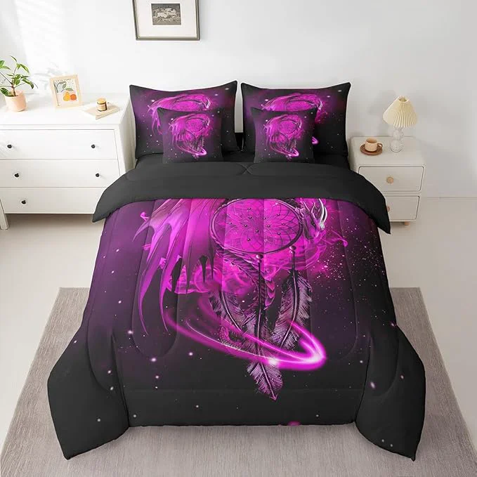 Crafted Erosebridal Gothic Dragon Dream Catchers Bed in a Bag King Size Comforter Set 7 Pieces Peach Fuchsia Galaxy Bohemian Feather Bedding Sets Antique Animal Pterosaur Sheet Set with Comforter Organic