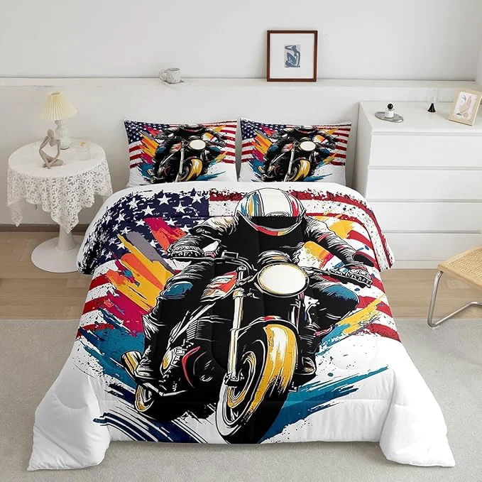 Detailed Feelyou Dirt Bike Comforter Set Full Size American Flag Comforter Extreme Sports Bedding Set Racing Motocross Rider Duvet Set Room Decor White Quilt Set Reliable