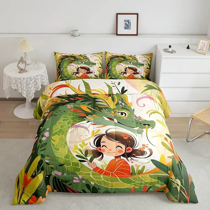 Professional Dragon Bedding Set Nature Botanical Floral Leaves Comforetr Set Queen Size Kids Boys Girls Green Pink Western al Quilt Set Room Decor Wild Animals Cartonn Cute Style Duvet Insert 2 Pillowcases Elegant