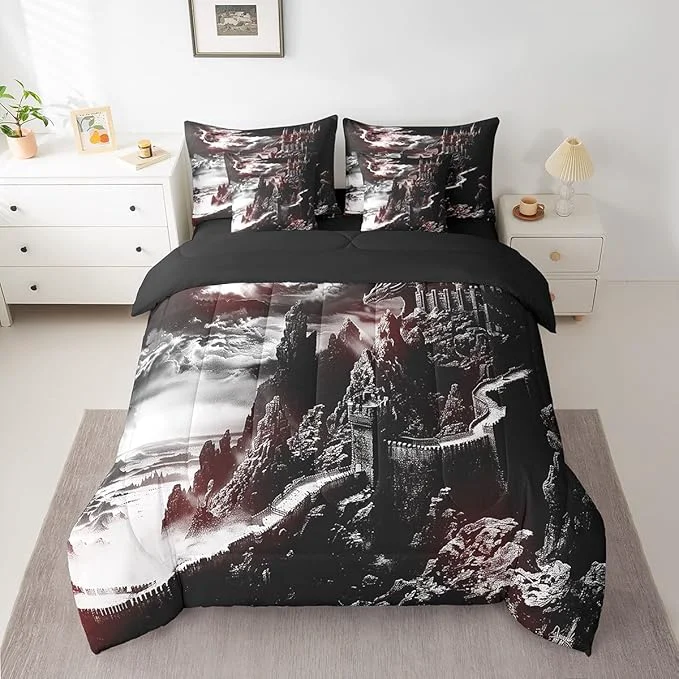 Flexible Erosebridal Gothic Dragon Bed in a Bag King Size Comforter Set 7 Pieces Fantasy Castle Dark Sky Bedding Sets Vintage Mythical Animal Sheet Set with Comforter Convenient