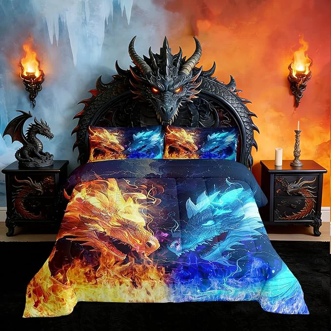 Casual Dragon Comforter Set Ice and Fire al Dragon Twin Size Boys Bedding Set for Kids Teens Men Adults Room Decor Animal Pattern Duvet Insert Blue and Golden Wildlife Quilt Set 2Pcs 1 Pillowcase Trusted