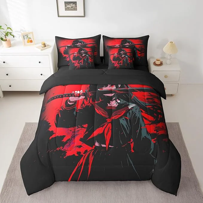 High-Grade Erosebridal Japanese Anime Bedding Set 7 Piece for Kids Anime Girl Comforter Sets King Size Japanese Girl Sheet Set for Girls Teens Adult Kawaii Animation Red Black Bed in A Bag Machine Washable Genuine