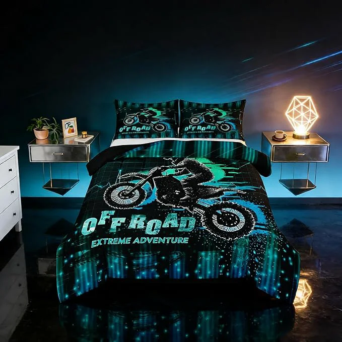 Soft Feelyou Dirt Bike Comforter Set Twin Size Extreme Sports Comforter Racing Motocross Rider Bedding Set Motorcycle Duvet Set Room Decor Blue Green Quilt Set Luxury