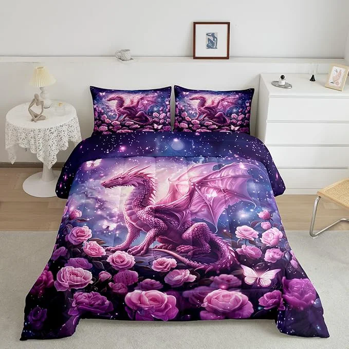 Elegant Pink Dragon Comforter Set Full Size Rose Flower Galaxy Butterfly Bedding Set for Kids Boys Girls Room Decor Wild Animal Nature Quilt Set Glitter Starry Sky Fantasy Duvet Insert 3Pcs 2 Pillowcases Convenient