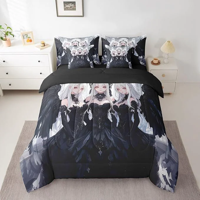 Recyclable Erosebridal Japanese Anime Bed in A Bag King Comforter Set 7 Piece Anime Girl Bedding Sets Kawaii Japanese Style Sheet Set with Comforter Cartoon Japan Animation Bedroom Decor Black Trusted