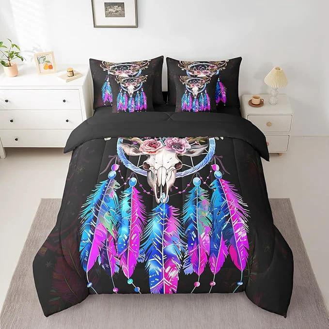 Fast Erosebridal Bull Skull Comforter Set 7 Piece Bed in a Bag Twin Dream Catchers Bedding Sets Bohemian Dreamcatcher Feather Sheet Set with Comforter Advanced