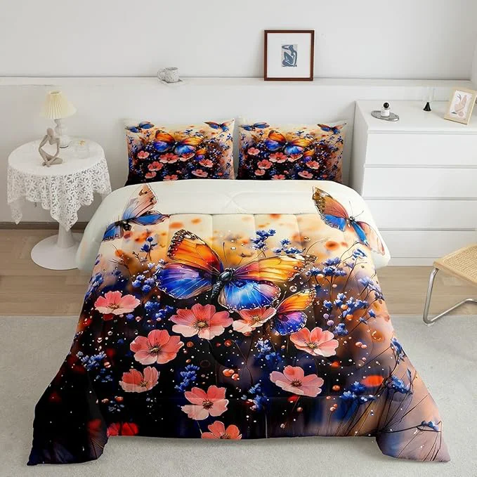 Prestigious Feelyou Butterfly Comforter Set Toddler Size Butterflies Print Comforter Animal Bedding Set Butterfly Floral Duvet Set Room Decor Blue Purple Quilt Set Solid